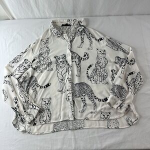 Jane + Delancey Big Cats Print Button Down Long Sleeve Top Large Black & White